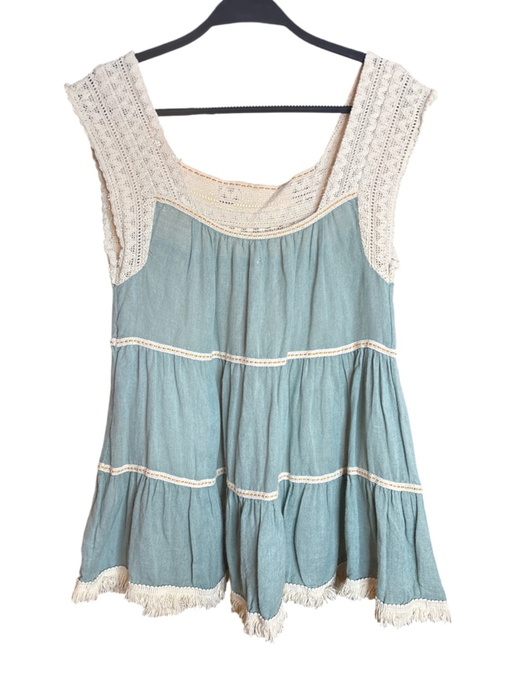 Free People Sage Green Linen & Crochet-Trim Sleeveless Tunic - Picture 2 of 8